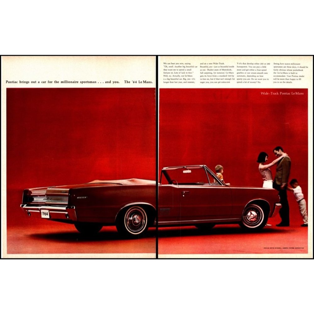 1964 Pontiac Wide Track LeMans Convertible 2 Page Vintage Print Ad Wall Art